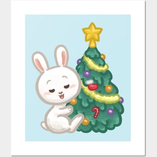 Bunny Hugging a Christmas Tree Posters and Art